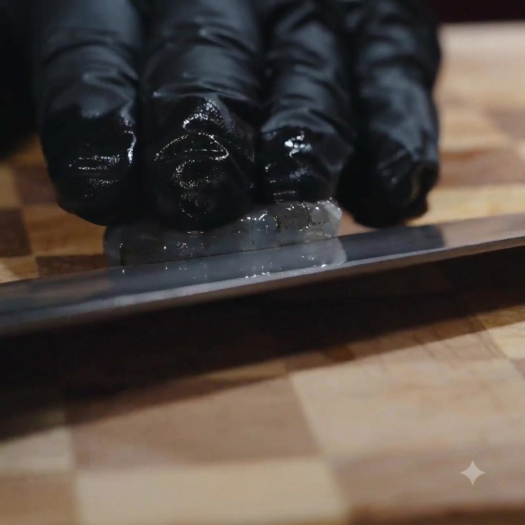 A close-up view of a knife slicing down the back of a peeled shrimp to remove the sand vein.