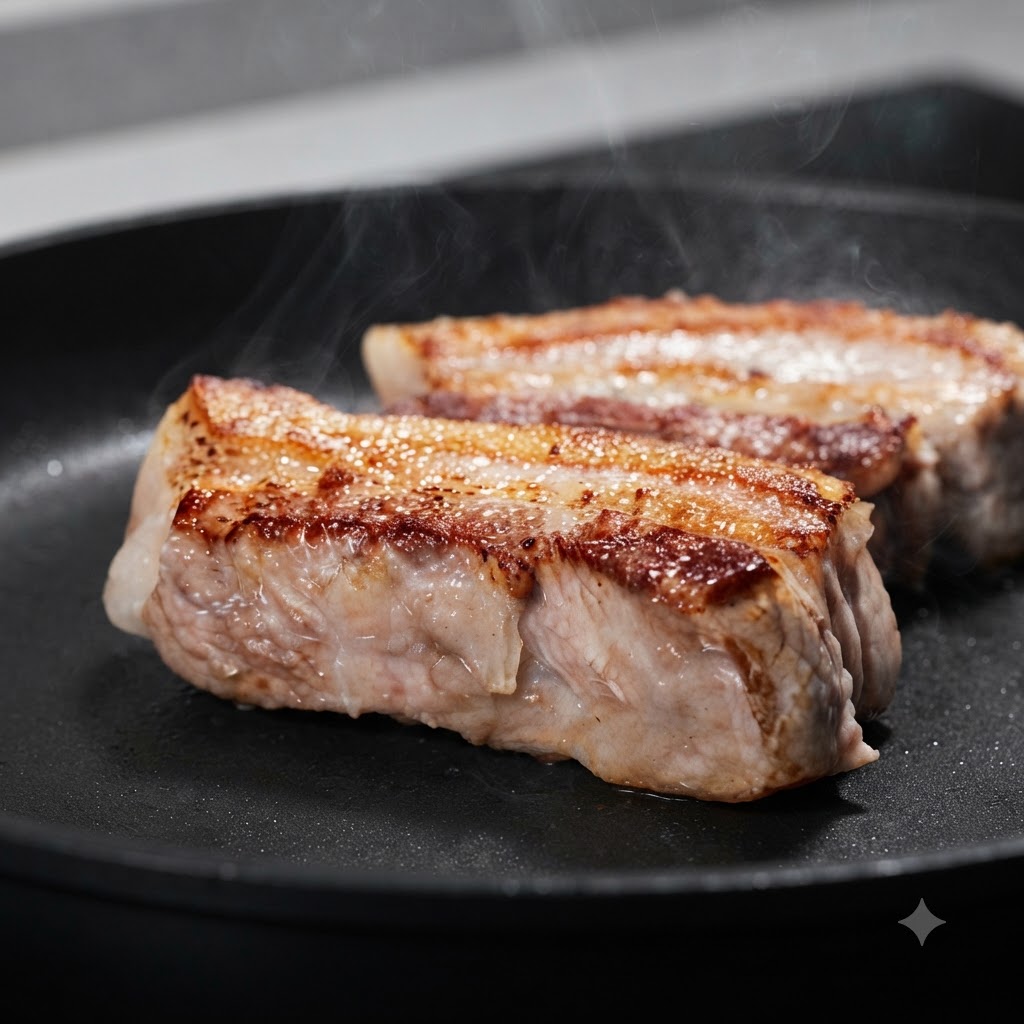 Thick pork belly pieces frying in a pan, showing a deeply browned, crispy golden crust with rising steam.