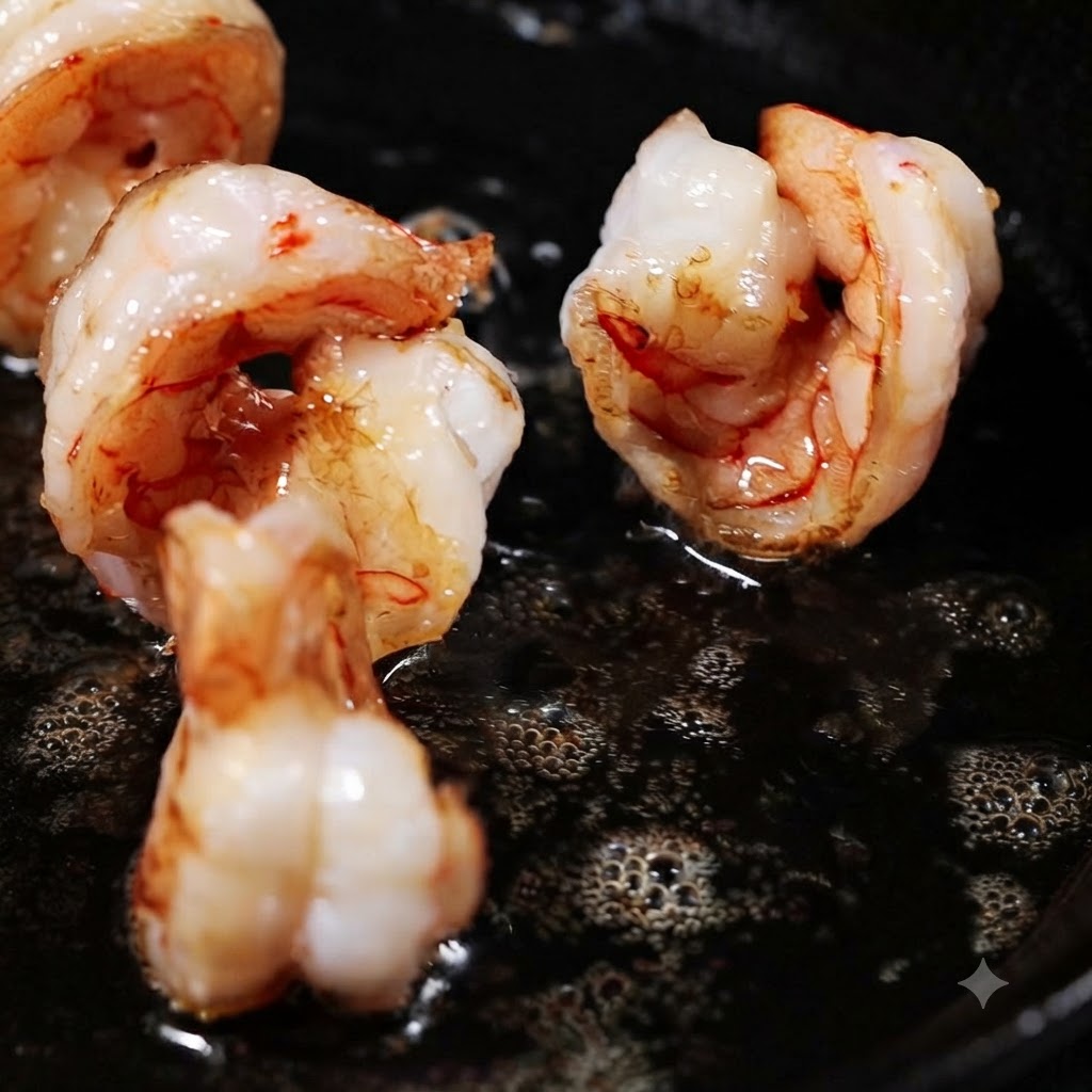 Peeled shrimp curling up and frying in hot rendered pork fat inside a pan, turning pink and golden.