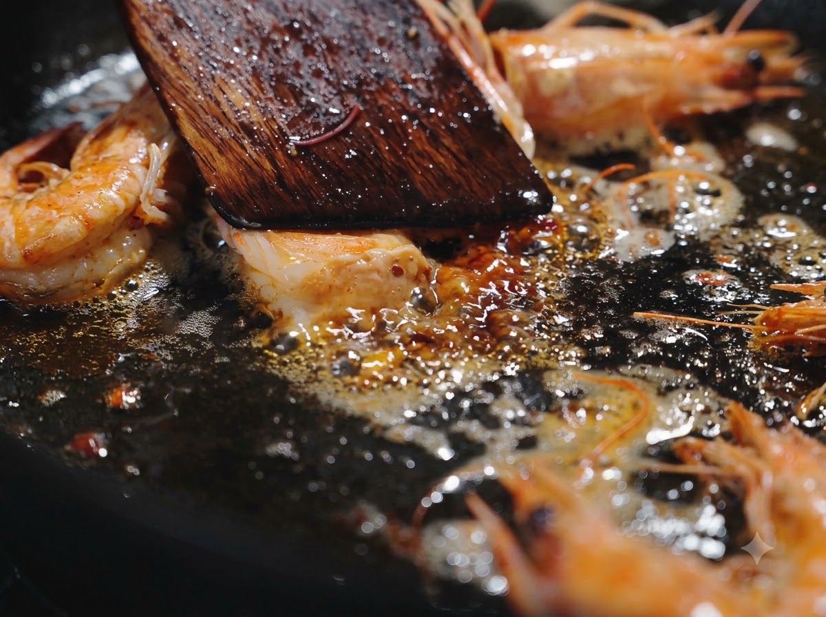 A wooden spatula pressing down on shrimp heads sautéing in bubbly orange-red oil inside a skillet.