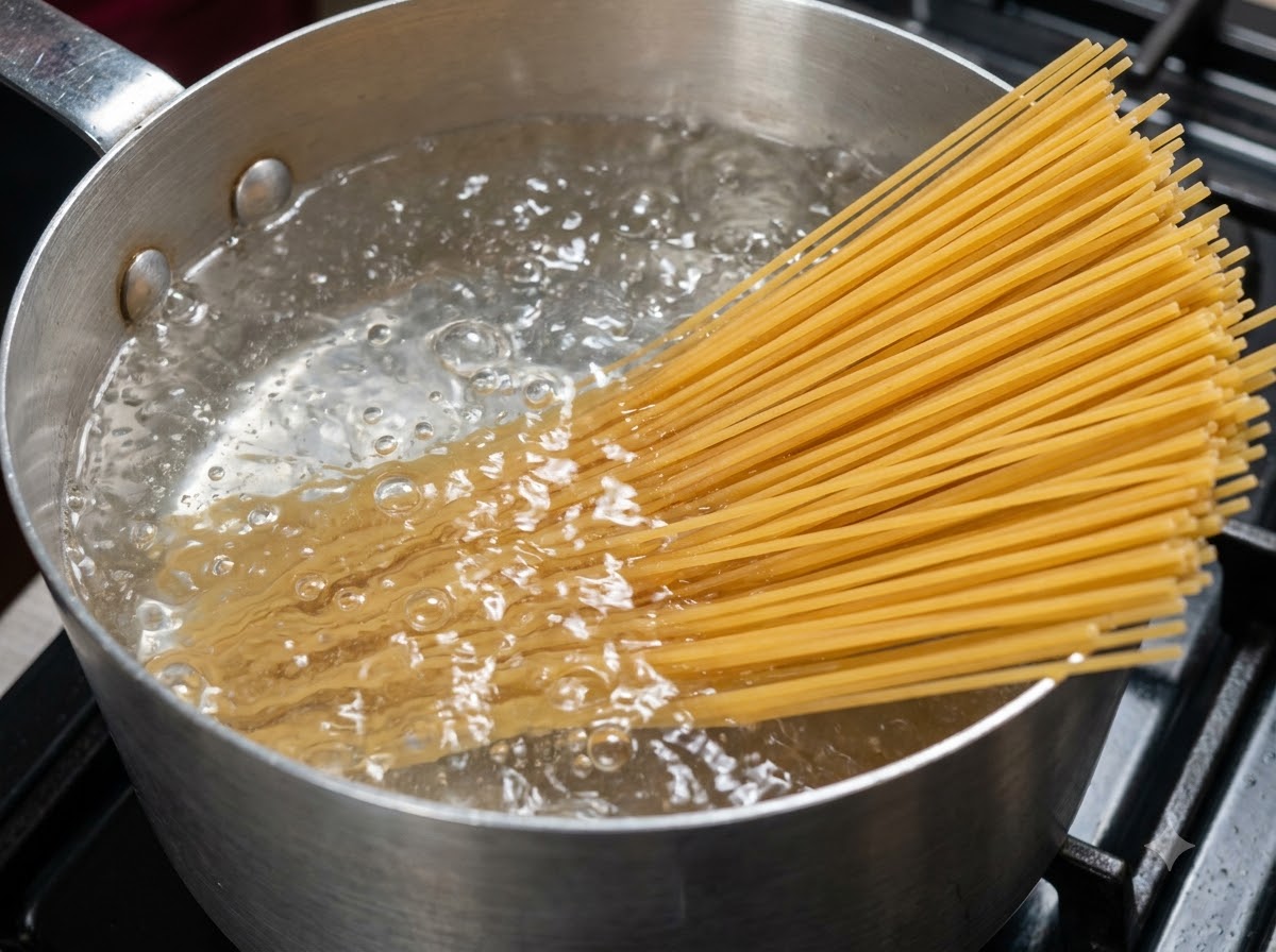 A bunch of dry spaghetti noodles fanned out and submerging into a pot of vigorously boiling water.