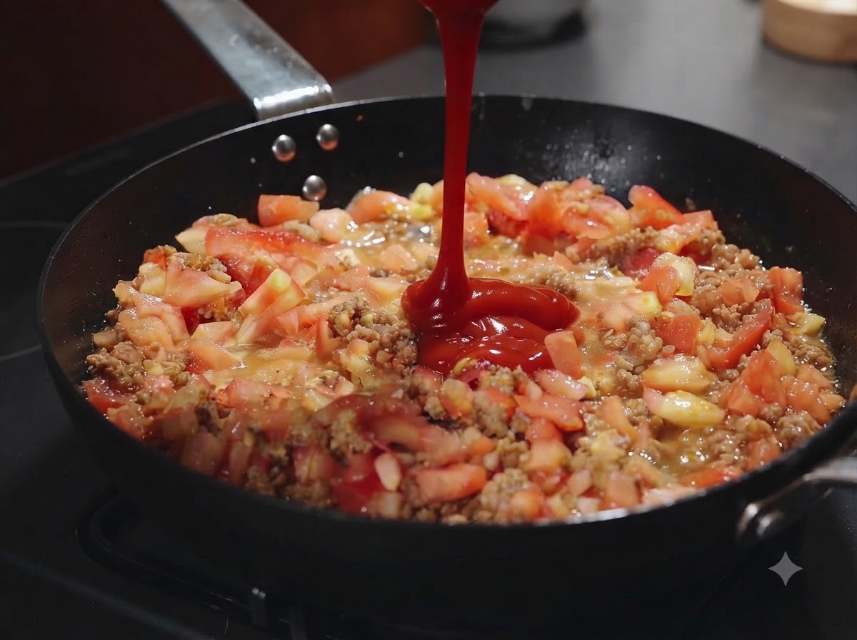 Fresh diced tomatoes mixed with browned meat in a pan with red ketchup being poured on top.