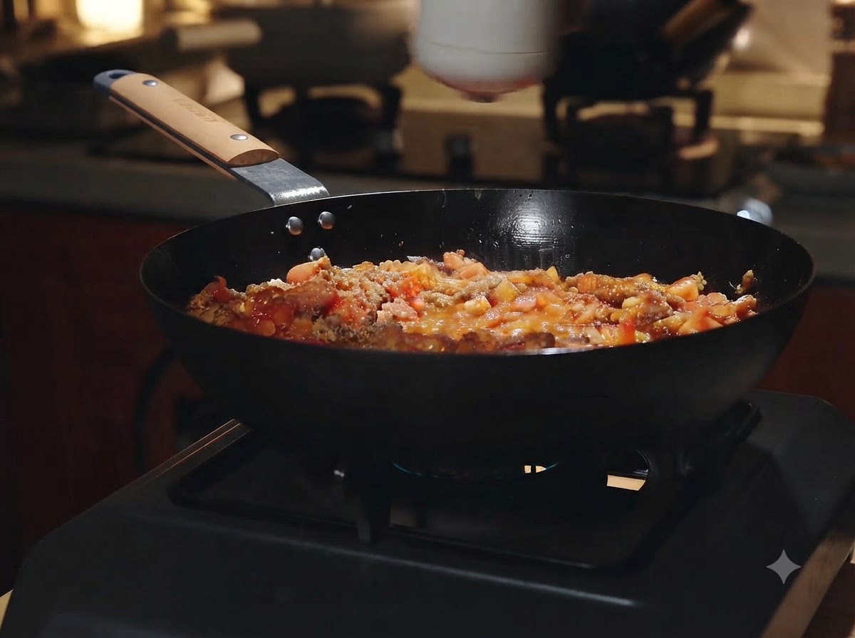 Seasoning being sprinkled from a shaker onto the bubbling tomato and meat sauce in a wok.