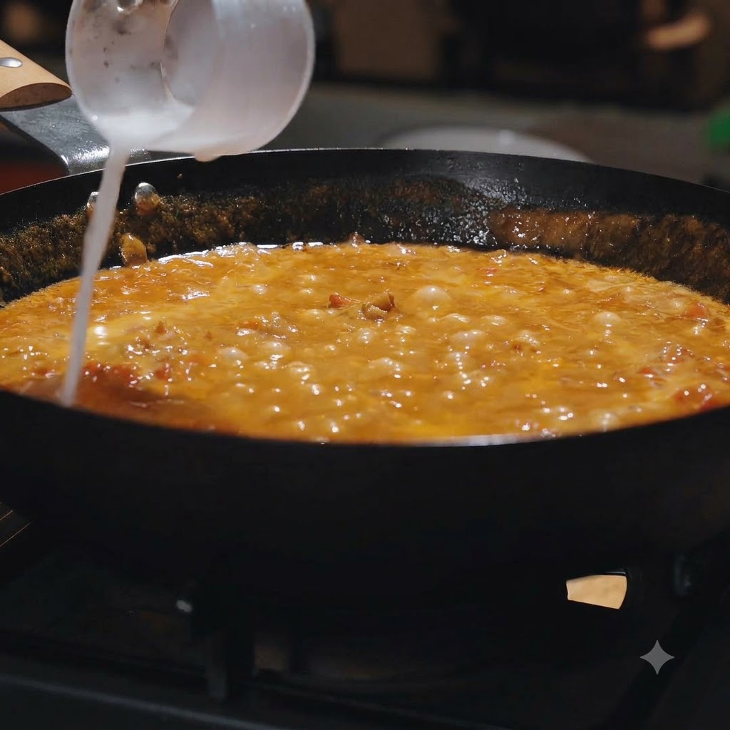 A white cornstarch slurry being poured into the pan of bubbling sauce.
