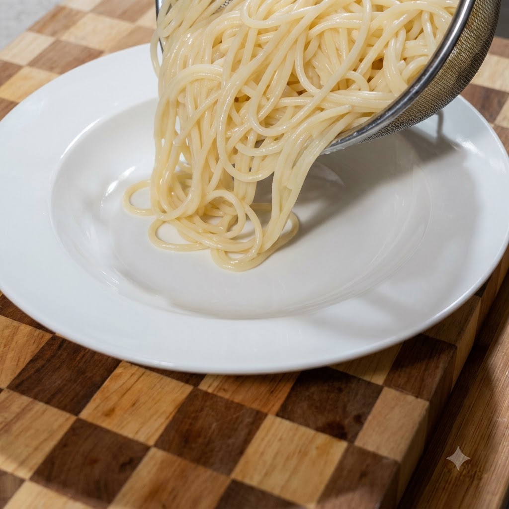 Strained spaghetti being poured from a mesh strainer onto a large white plate.