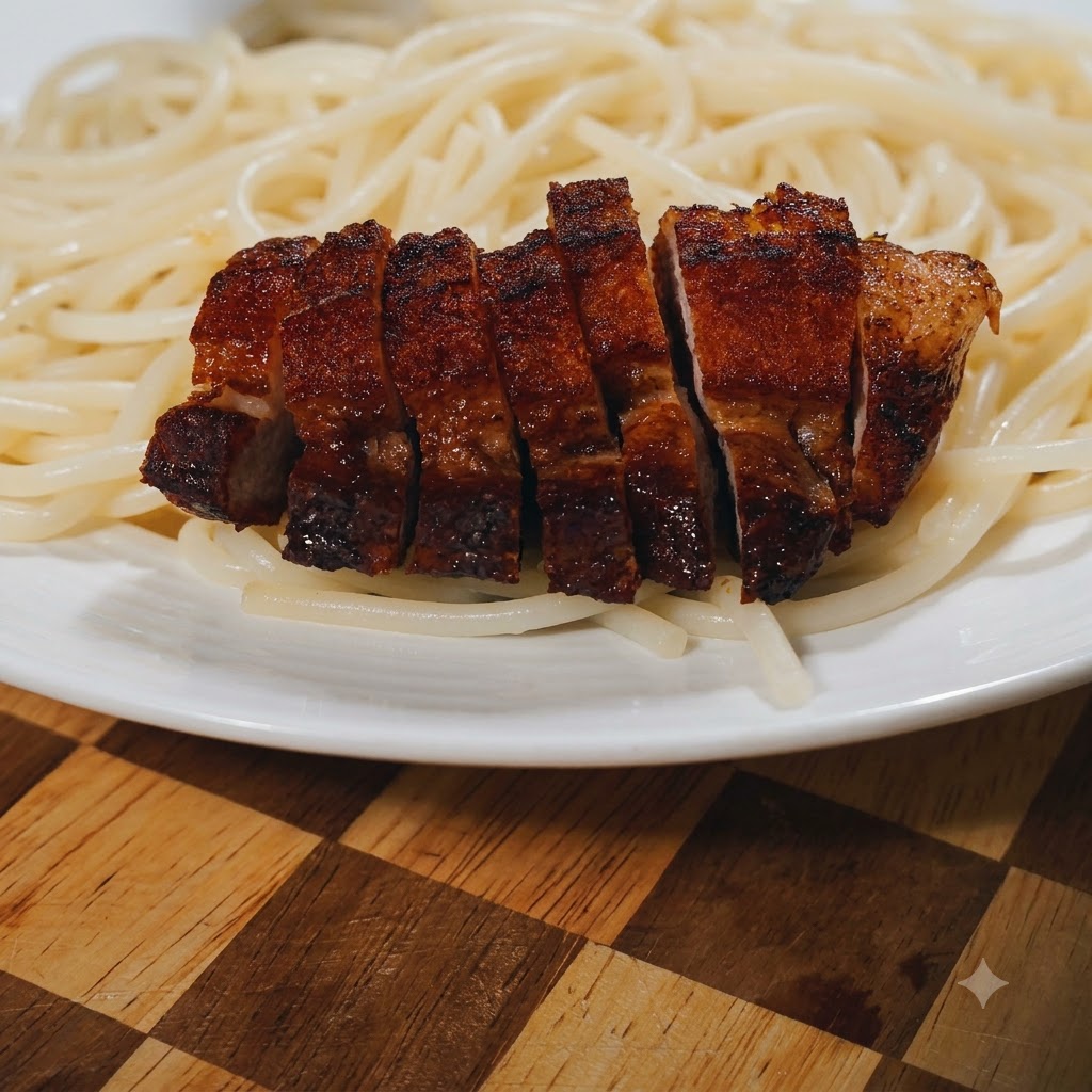 Slices of crispy pan-fried pork belly placed neatly on top of a bed of spaghetti.