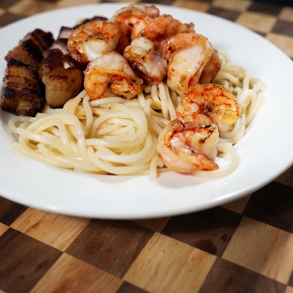 Pan-fried shrimp arranged around the pork belly and pasta on a white plate.