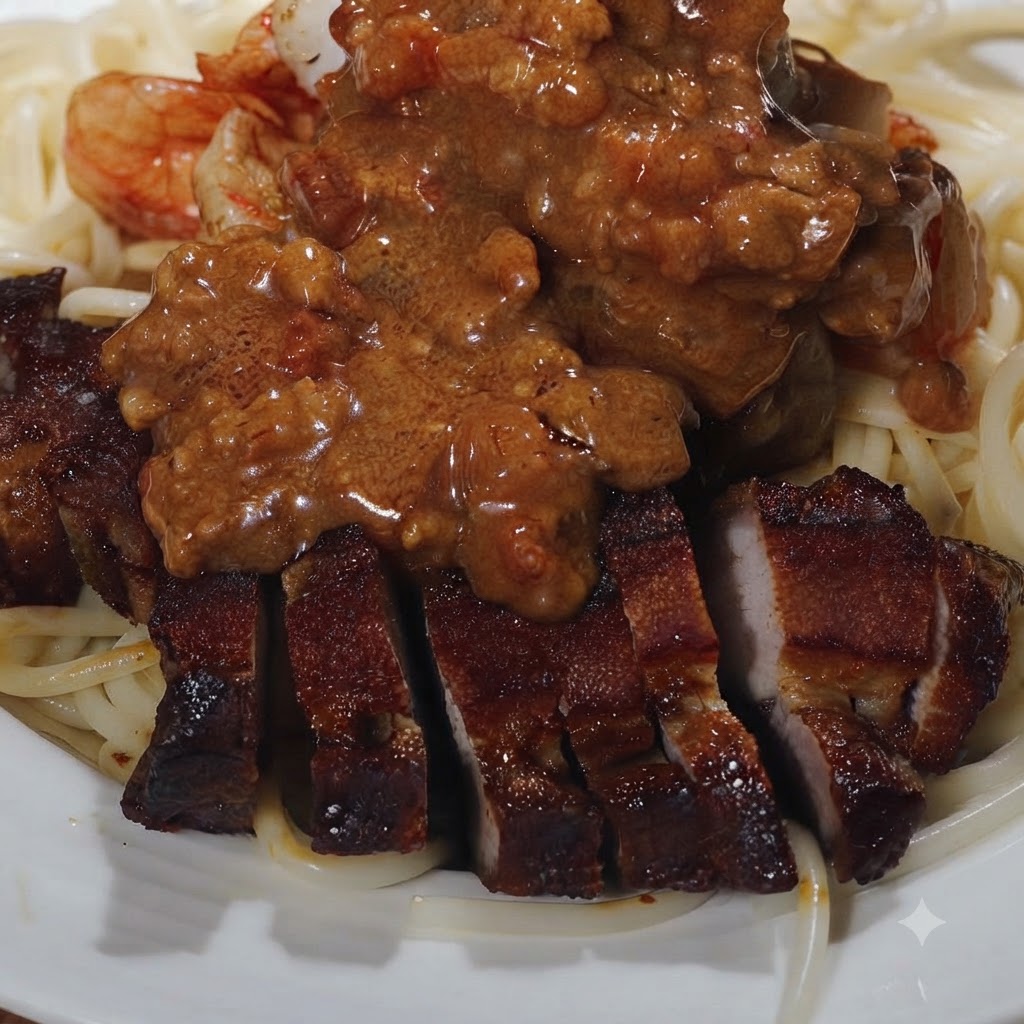 Thick creamy tomato meat sauce being ladled over the plated pasta, shrimp, and pork belly.