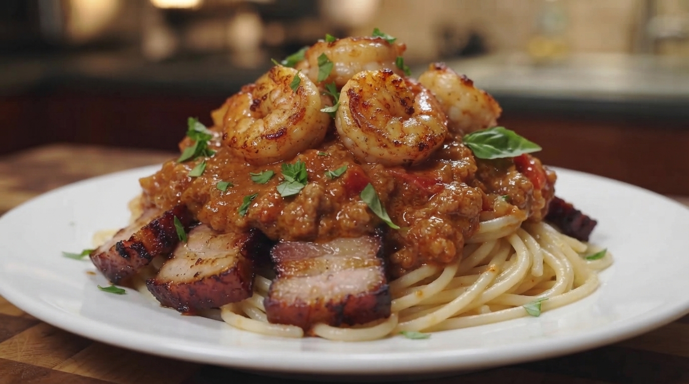 Explosively Rich Tomato, Pork Belly & Shrimp Pasta