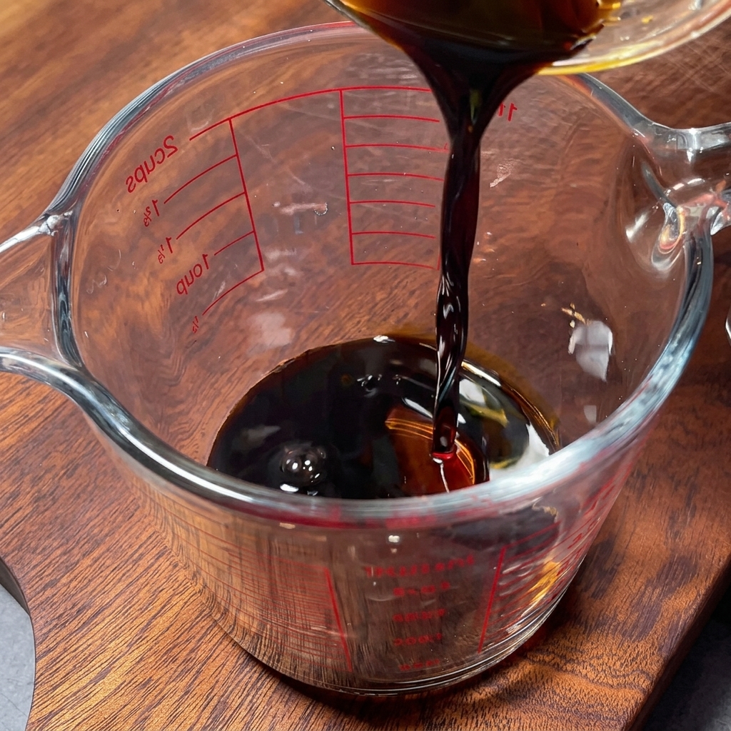 Dark soy sauce being poured into a glass measuring cup already containing water and dark seasonings.
