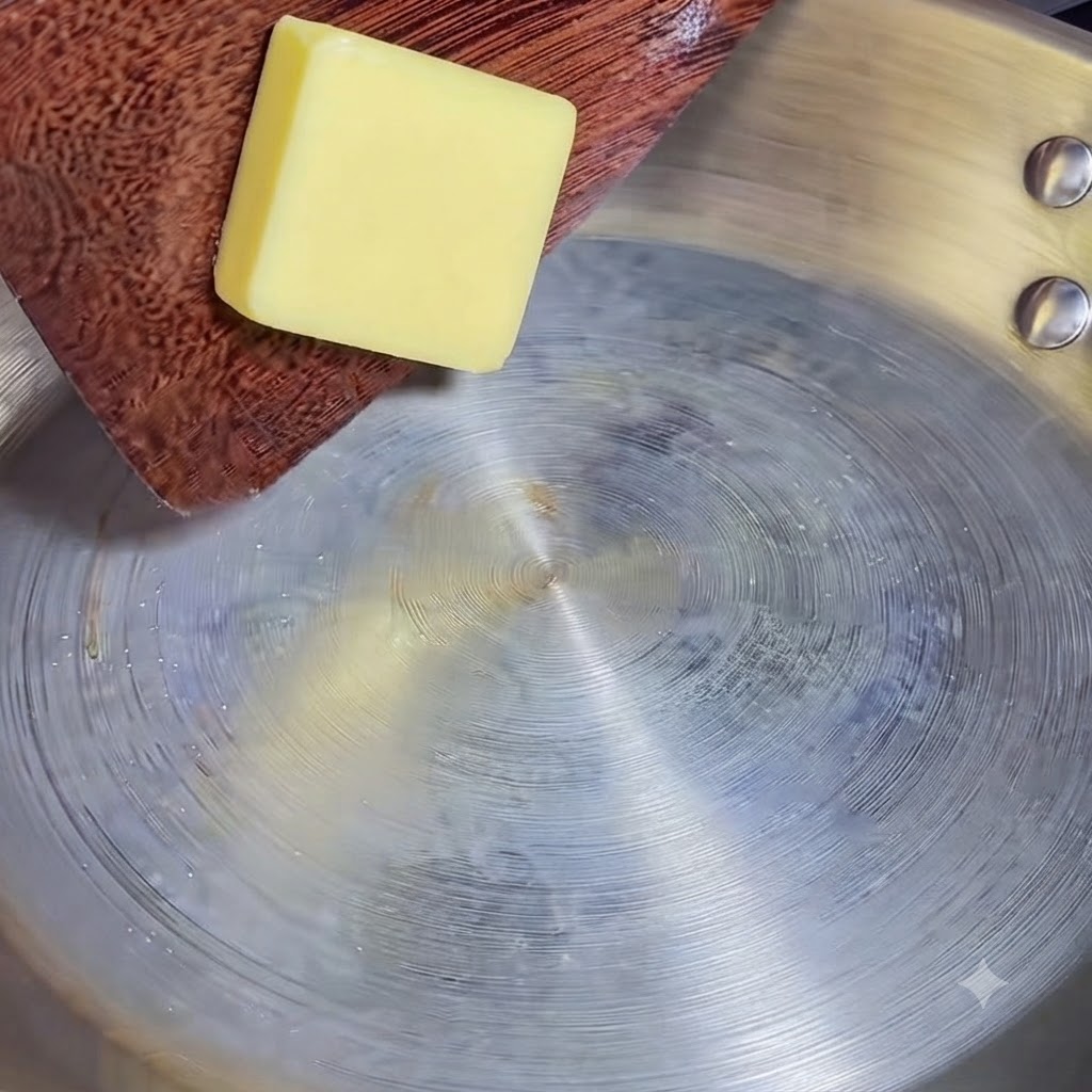 A square block of butter sitting on a wooden spatula, melting into a heated metal pan.
