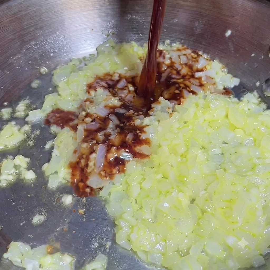 Dark liquid seasoning being poured over sautéed diced onions and minced garlic in a frying pan.