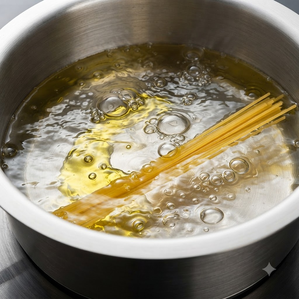Spaghetti noodles cooking in a pot of boiling water.