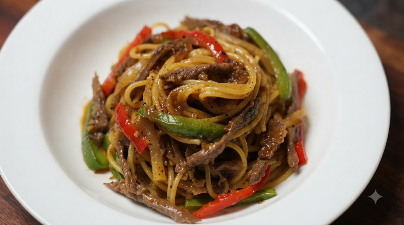 A plate of black pepper beef spaghetti garnished with red and green bell pepper strips and sliced beef.