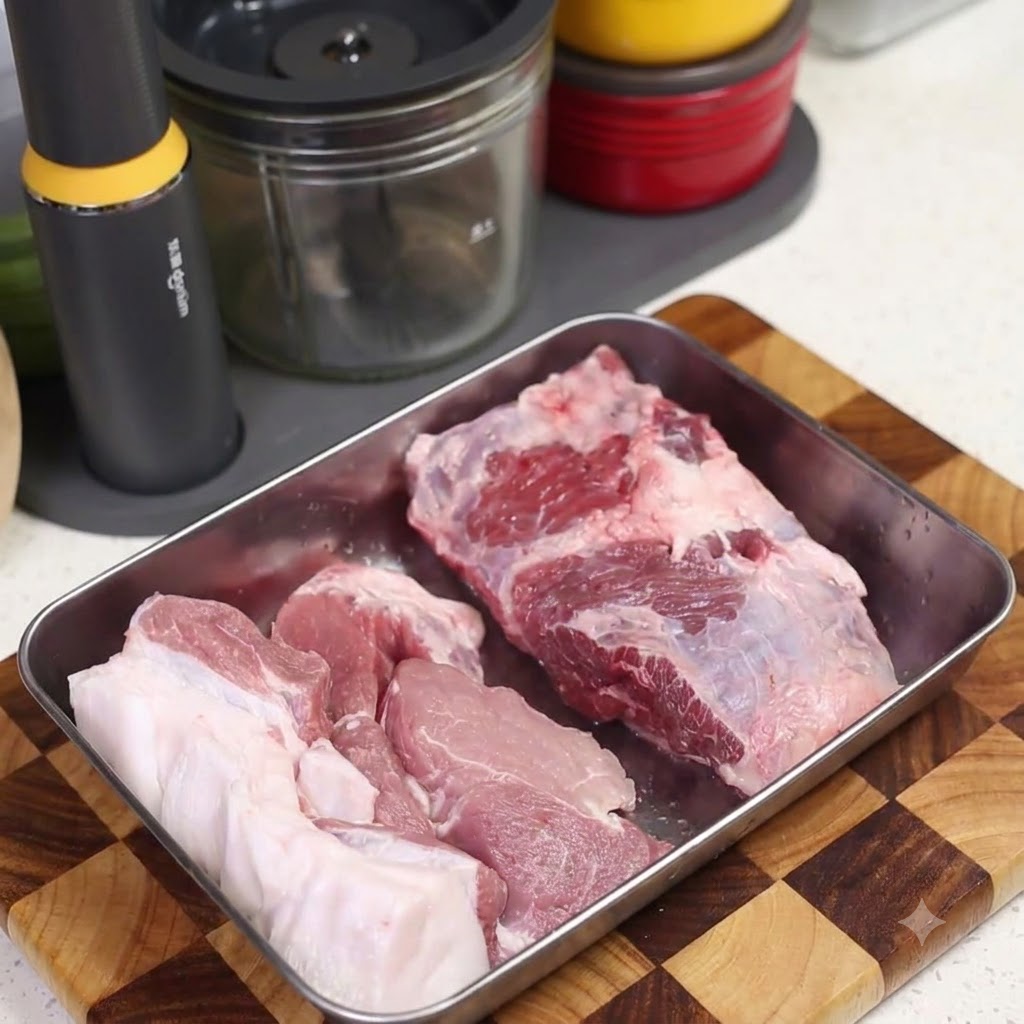 Chunks of raw pork arranged on a wooden cutting board next to a kitchen tool.