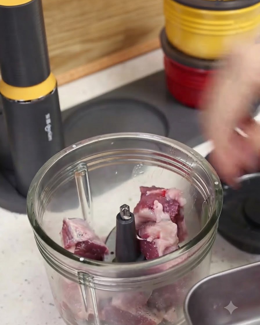 Raw meat chunks inside a clear glass food processor bowl being prepared for mincing.