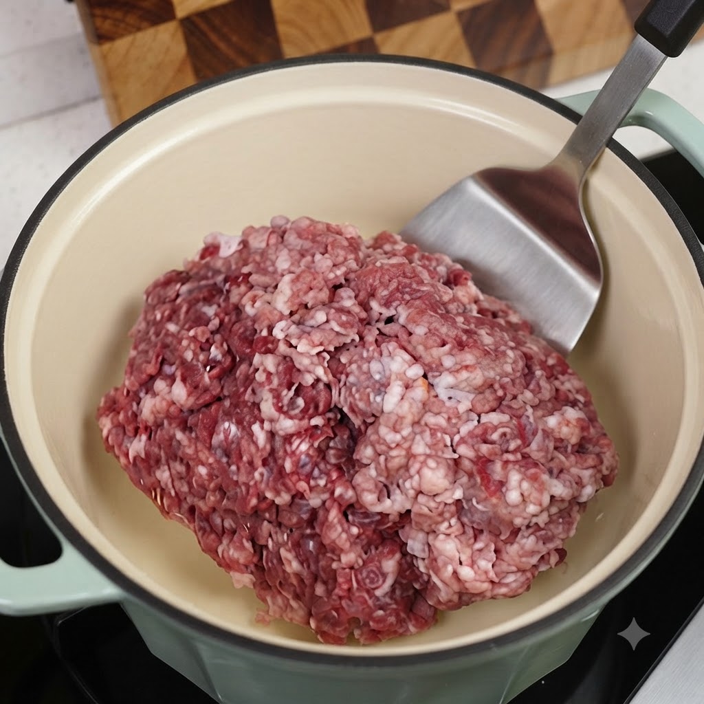 Minced meat being stir-fried in a light green Dutch oven using a metal spatula.