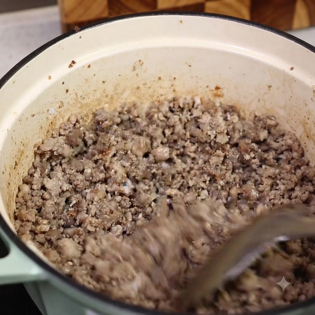 Cooked minced meat being scooped out of a pot with a spatula, leaving behind rendered oil and browned bits.