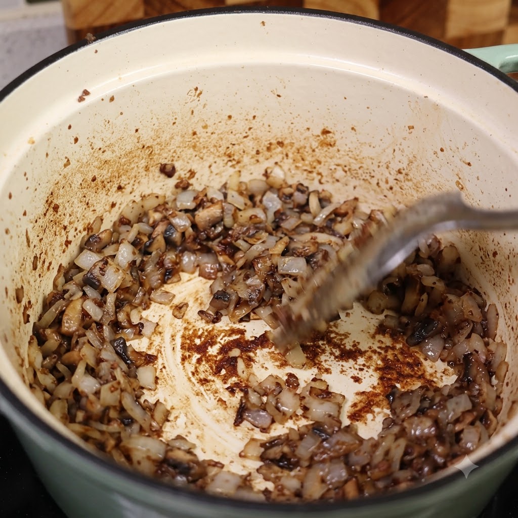 Chopped onions and aromatics sautéing in the bottom of a pot with browned fond.