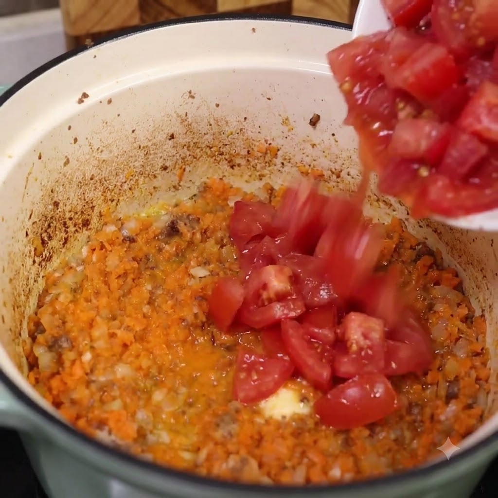 Fresh chopped tomatoes and tomato paste being poured into a pot containing sautéed carrots and onions.