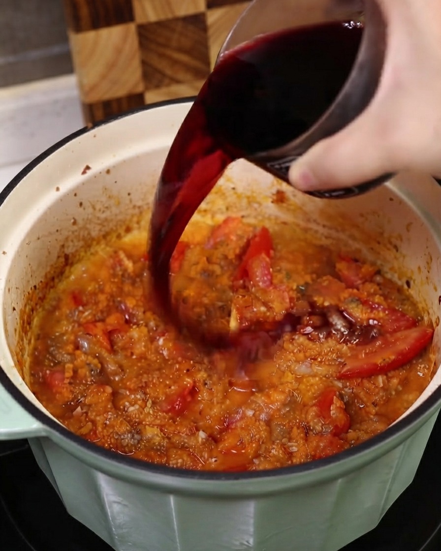 Dry red wine being poured from a glass container into a pot filled with a vibrant tomato and vegetable mixture.
