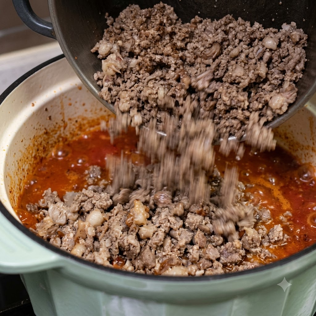 Cooked minced meat being transferred from a separate dark pan into the simmering red sauce.