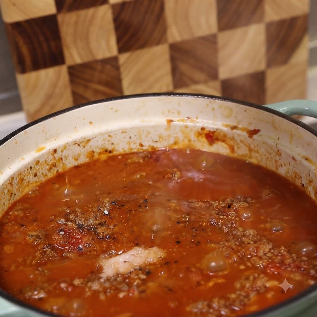 A close-up view of the bubbling meat sauce in the pot, sprinkled with black pepper and seasonings.