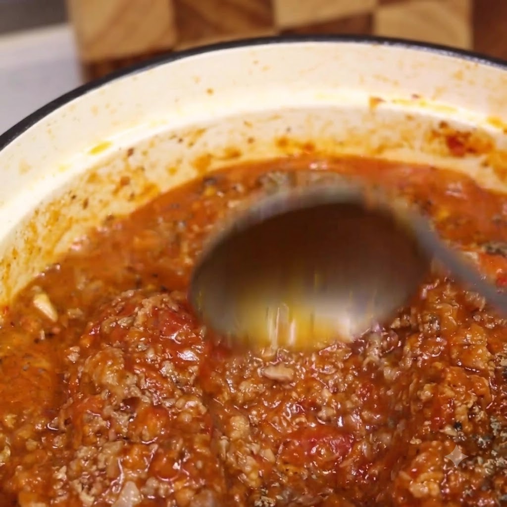 A ladle stirring a thick, rich Bolognese meat sauce bubbling in a light-colored Dutch oven.