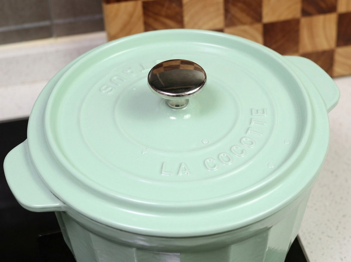 A light green covered Dutch oven being placed inside the oven for baking.