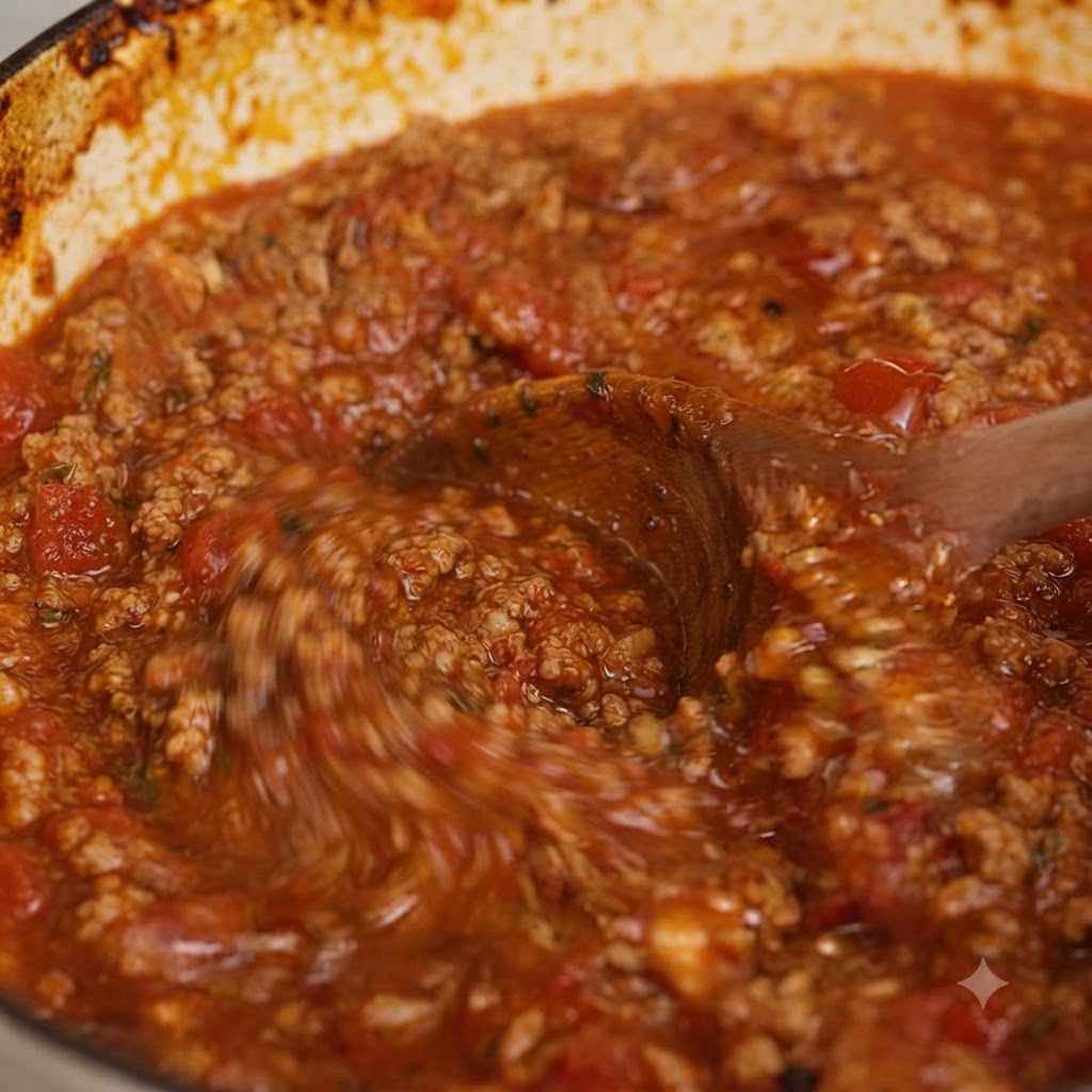 A wooden spoon stirring a thick, rich Bolognese sauce inside a baking pot.