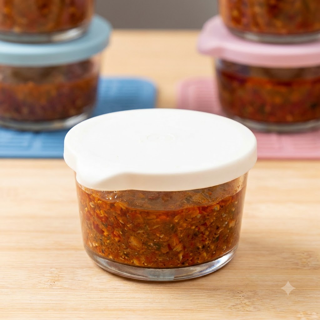 Portions of Bolognese sauce packed into small glass containers with sealed lids, ready for freezing.