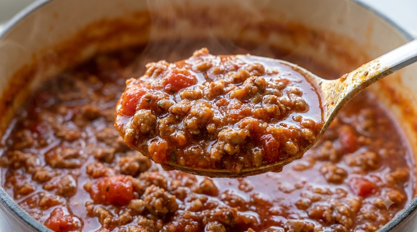 A large spoonful of thick, rich, red Bolognese sauce lifted directly above the simmering pot