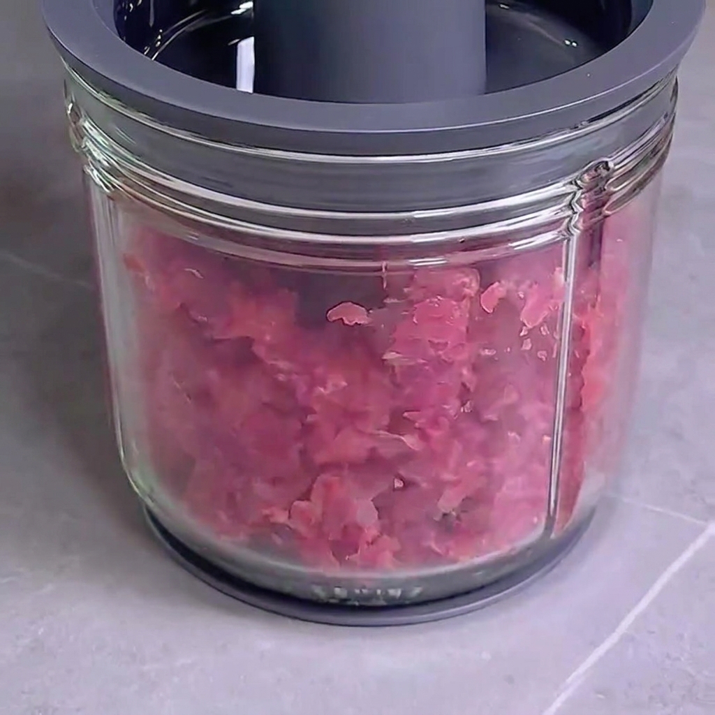 Raw red meat chunks being ground into a coarse mince in a glass food processor.