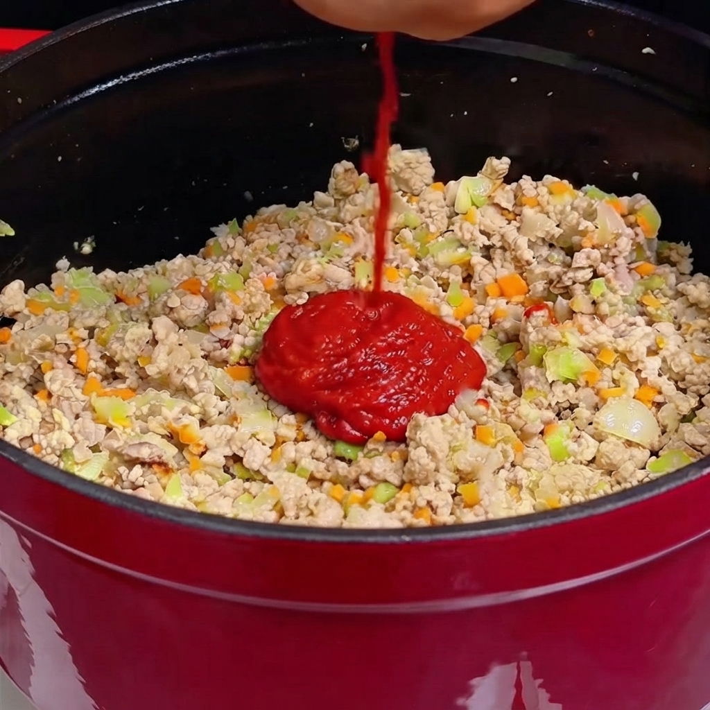 A stream of liquid being poured onto a thick mound of red tomato paste resting on top of cooked minced meat and vegetables.