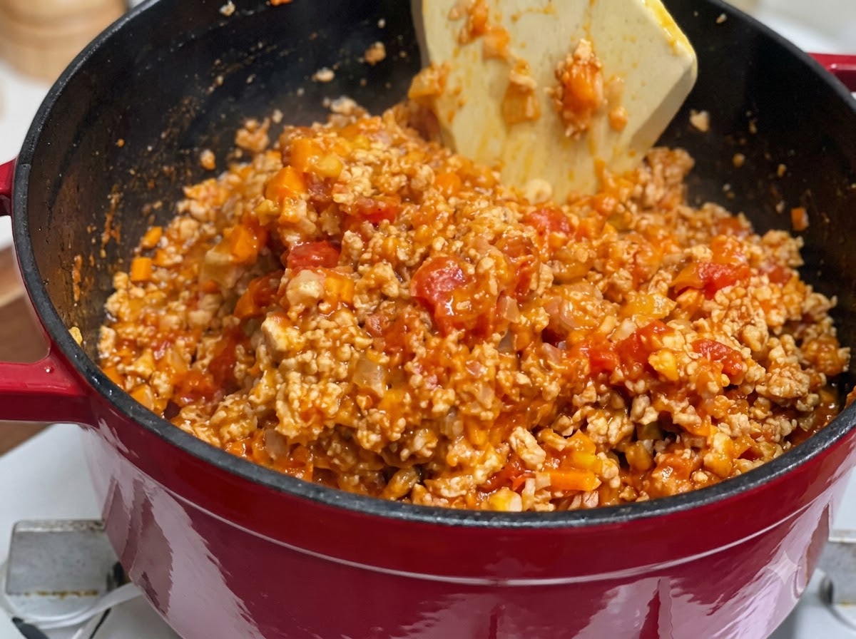 A spatula mixing the combined meat, vegetables, and tomato mixture inside a red pot.
