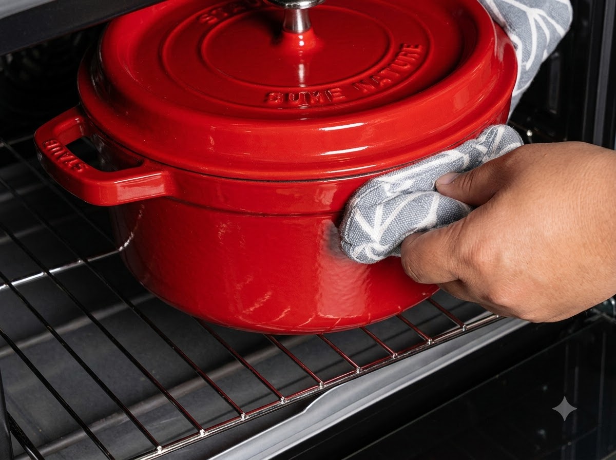 A pair of oven mitts holding the handles of a covered red cast iron pot as it is placed onto an oven rack.
