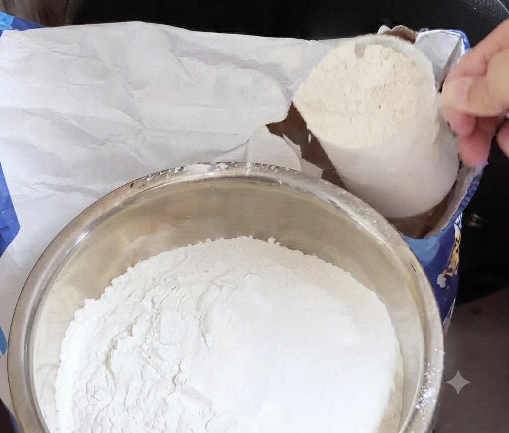 A metal bowl being filled with white flour from a blue bag of Caputo 00 flour.