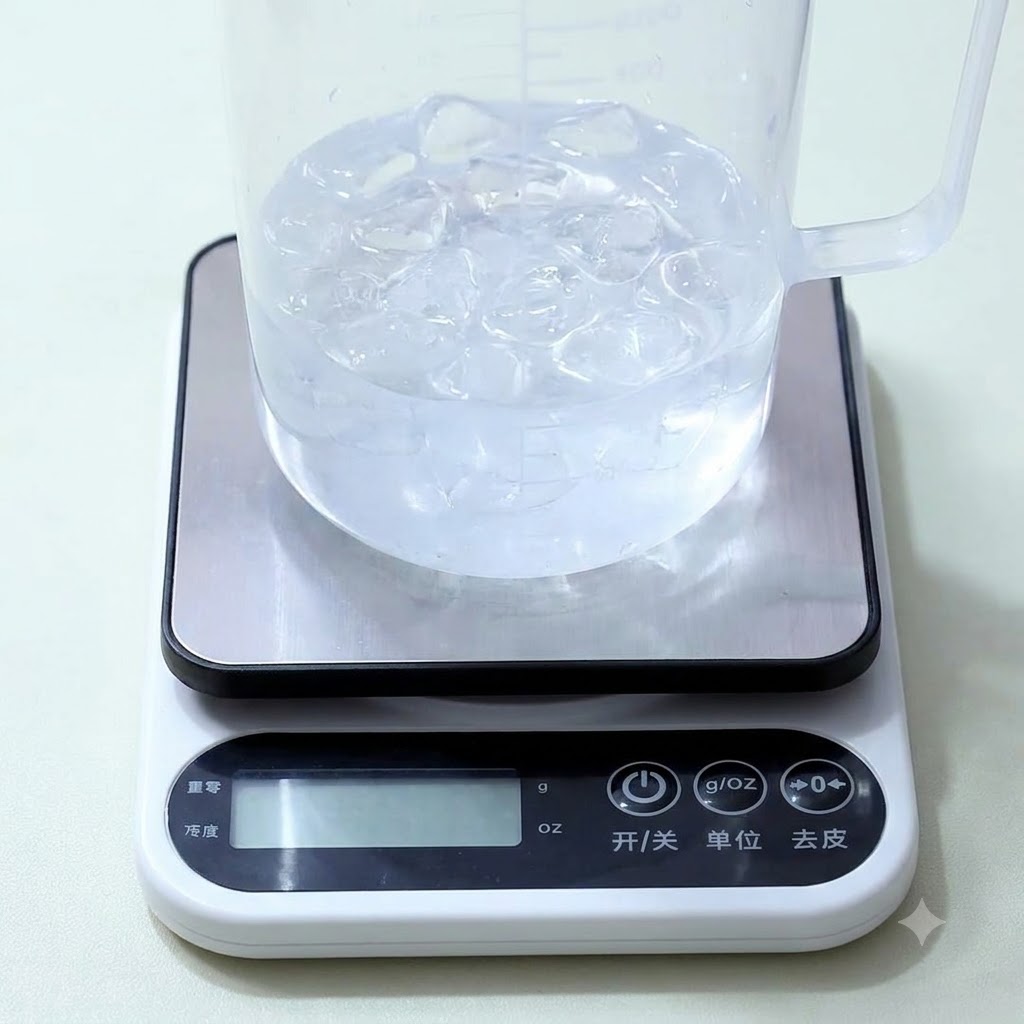 A clear plastic measuring pitcher filled with water and ice cubes sitting on a white digital kitchen scale.
