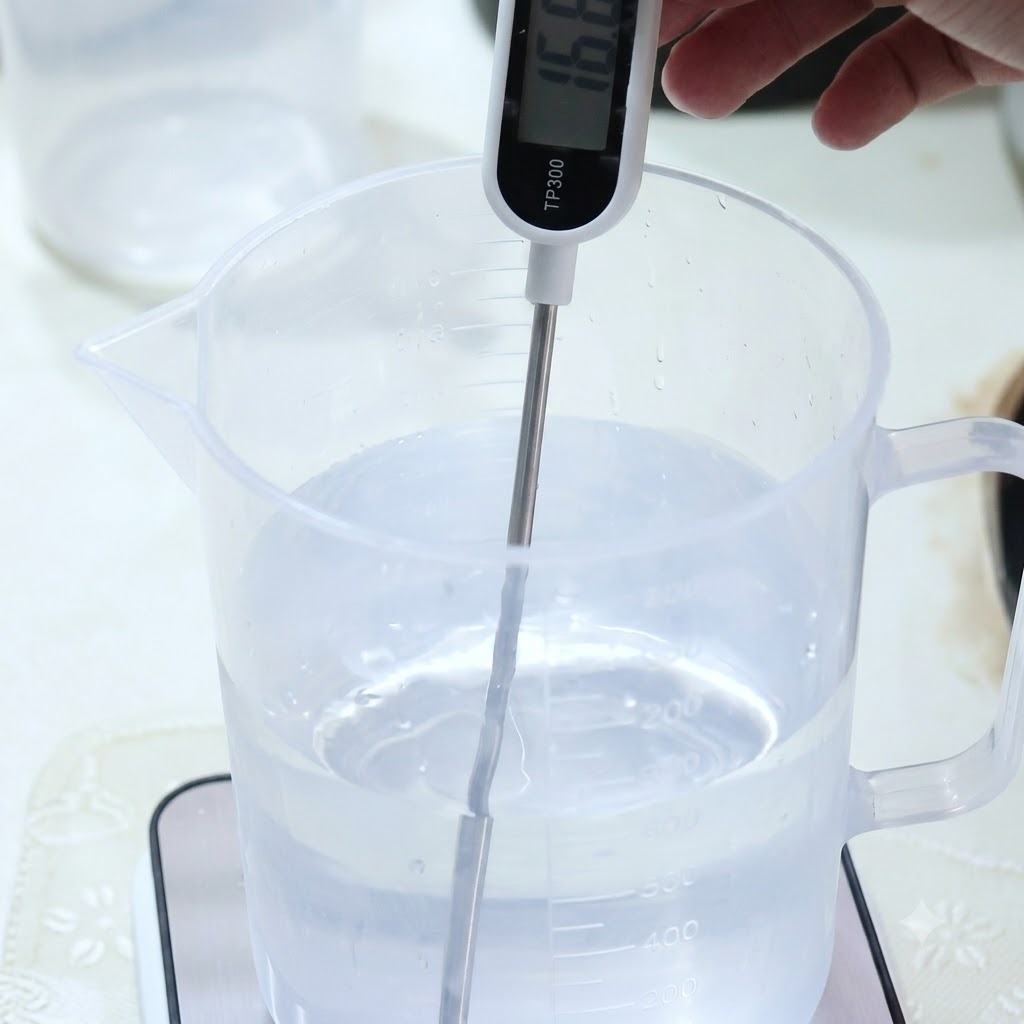 A hand holding a digital thermometer inside a pitcher of ice water, with the display reading 16.6 degrees Celsius.