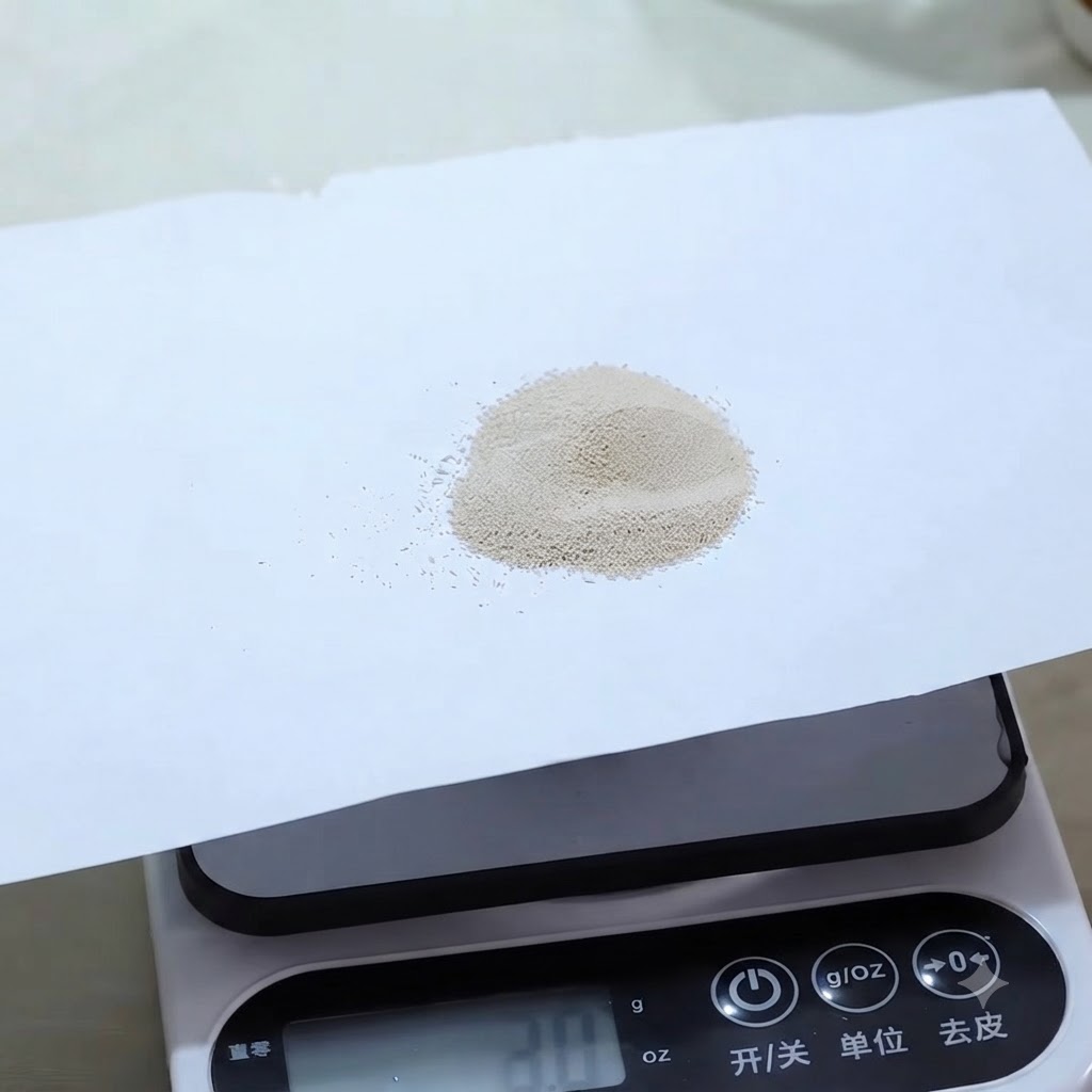 A small mound of dry yeast sitting on a piece of white paper on a digital scale that reads 2.0 grams.