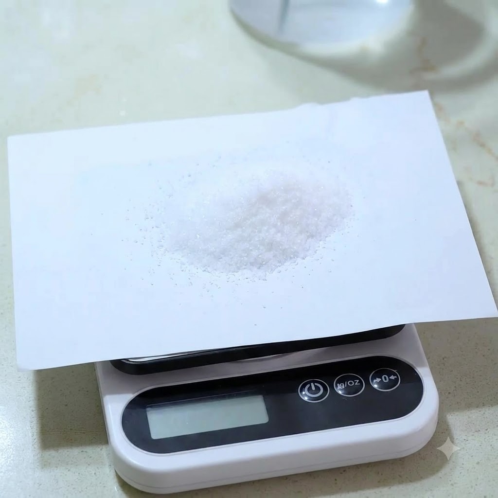 A small pile of fine white salt placed on a piece of paper resting on a digital kitchen scale.