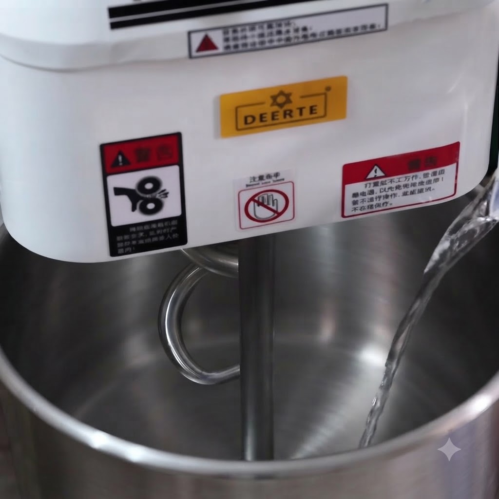 Water and yeast being poured into a large stainless steel mixer bowl.