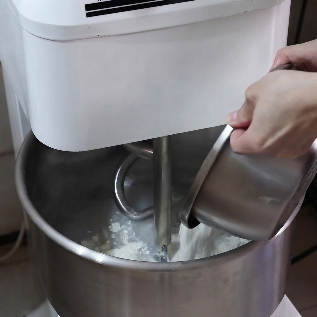 Weighed flour being poured from a container into the mixer bowl.