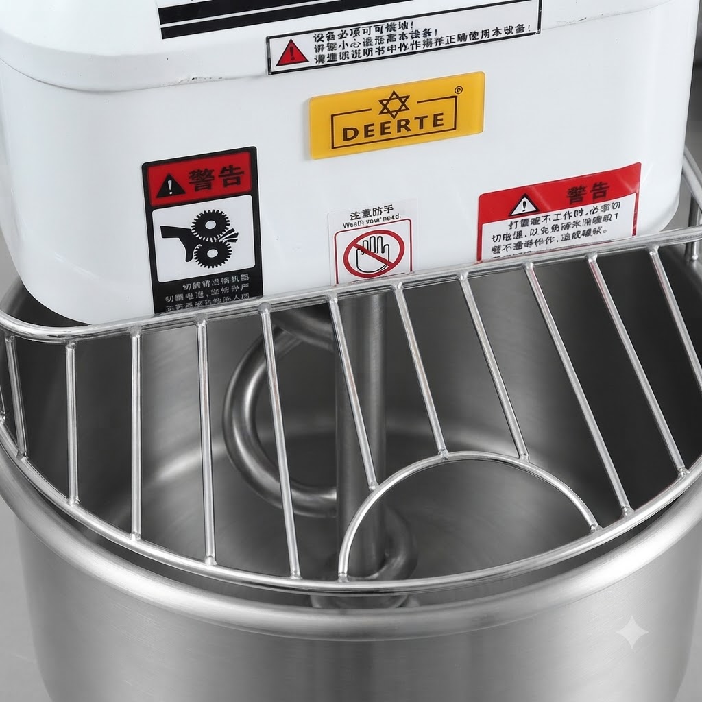 A dough mixer machine operating with a safety guard over the stainless steel bowl.