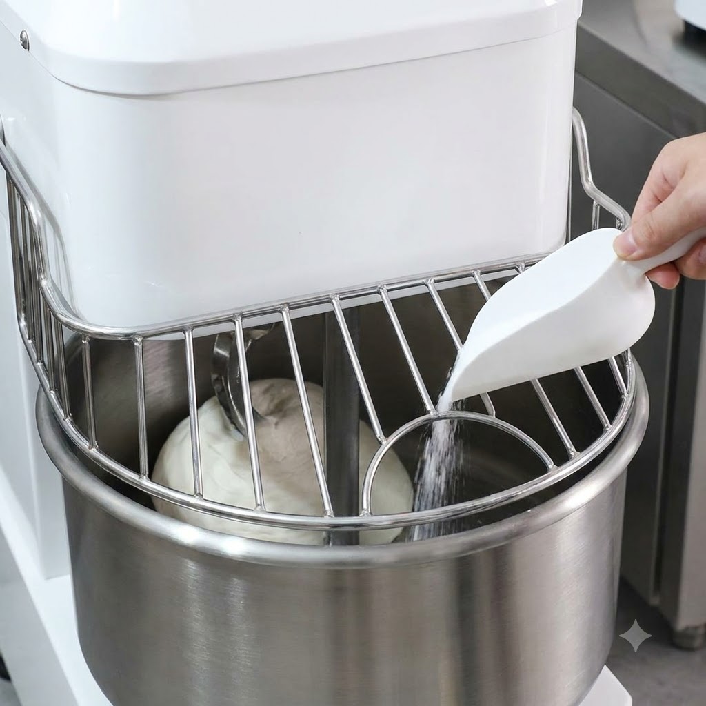 Salt being poured from a white scoop through the protective grill of the mixing bowl.