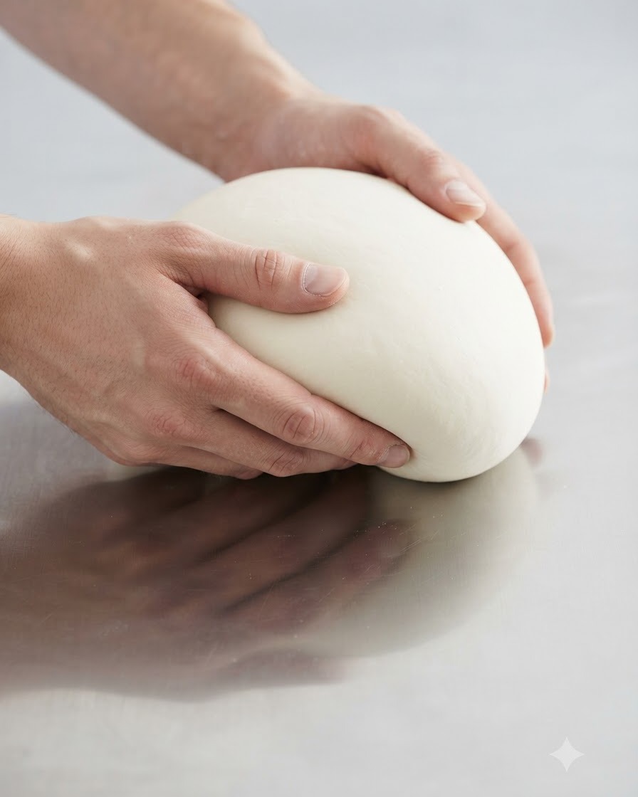 Hands firmly kneading a smooth round ball of dough on a metallic stainless steel table.
