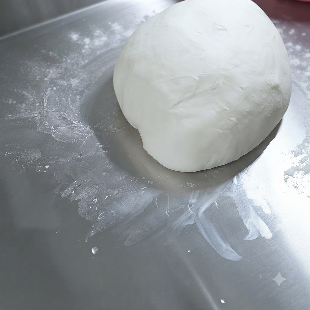 A smooth ball of pizza dough resting on a steel surface with a light sheen of olive oil.