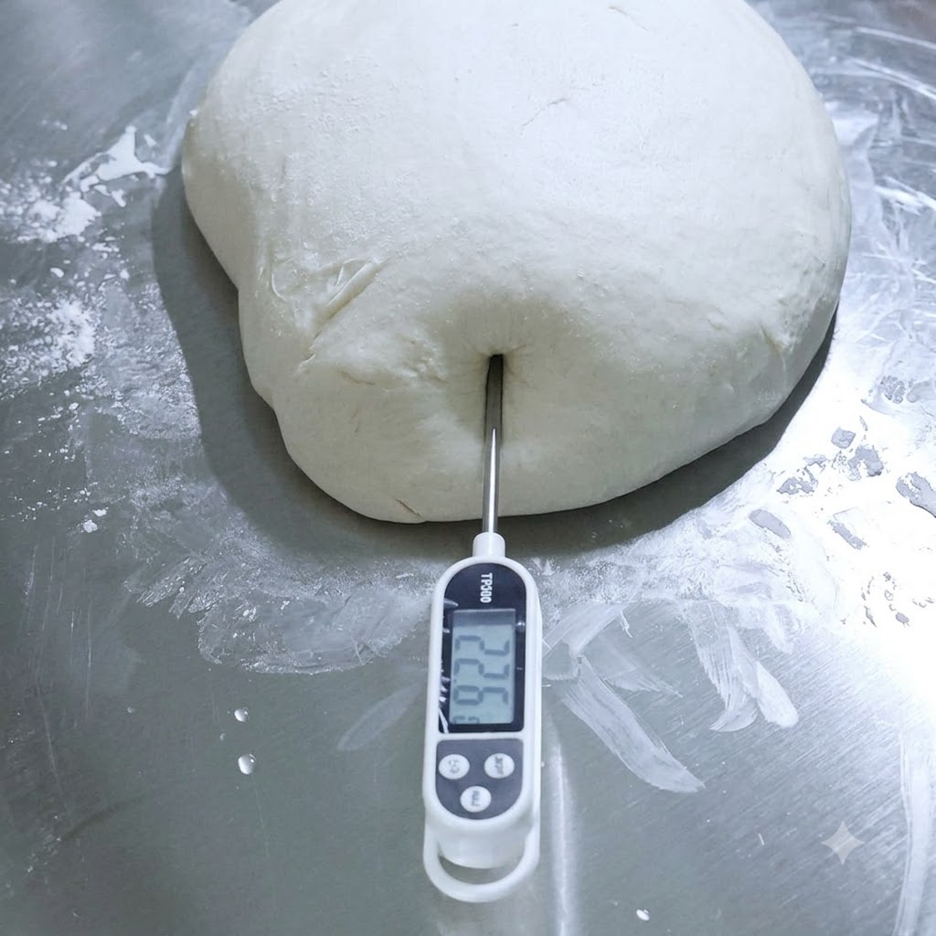 A digital food thermometer inserted into a large mound of white pizza dough on a metallic surface.