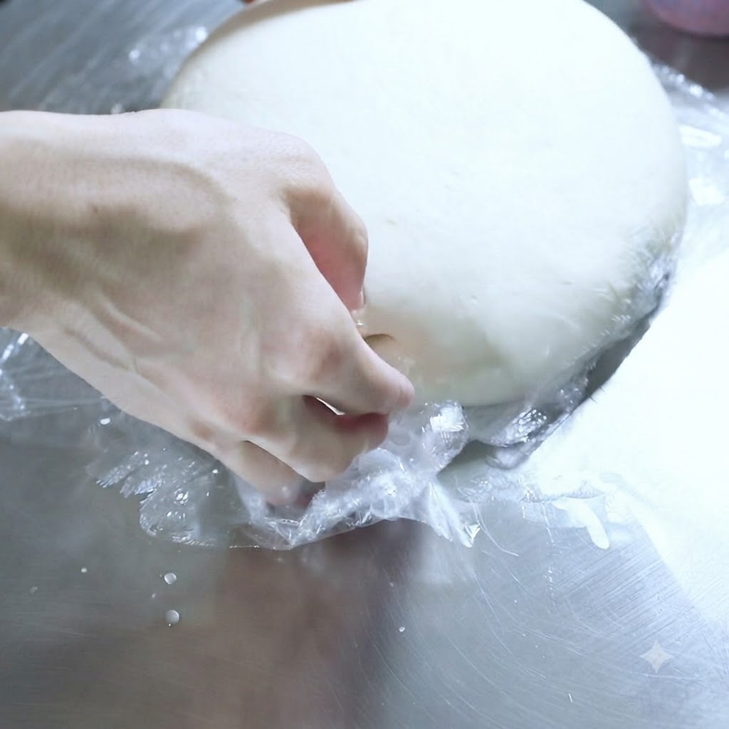A pair of hands wrapping a smooth mound of white dough tightly with clear plastic wrap on a steel table.