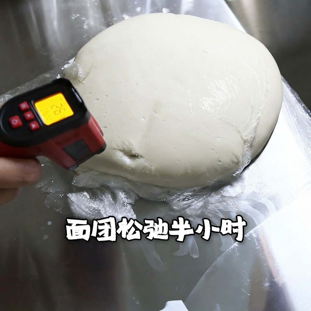 An infrared thermometer aimed at a covered mound of resting pizza dough with Chinese text overlay.